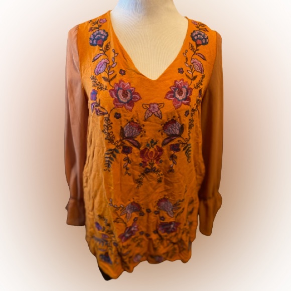 Umgee Embroidered Pumpkin Dress or Tunic Women’s Small with Chiffon Sleeves - Picture 2 of 6